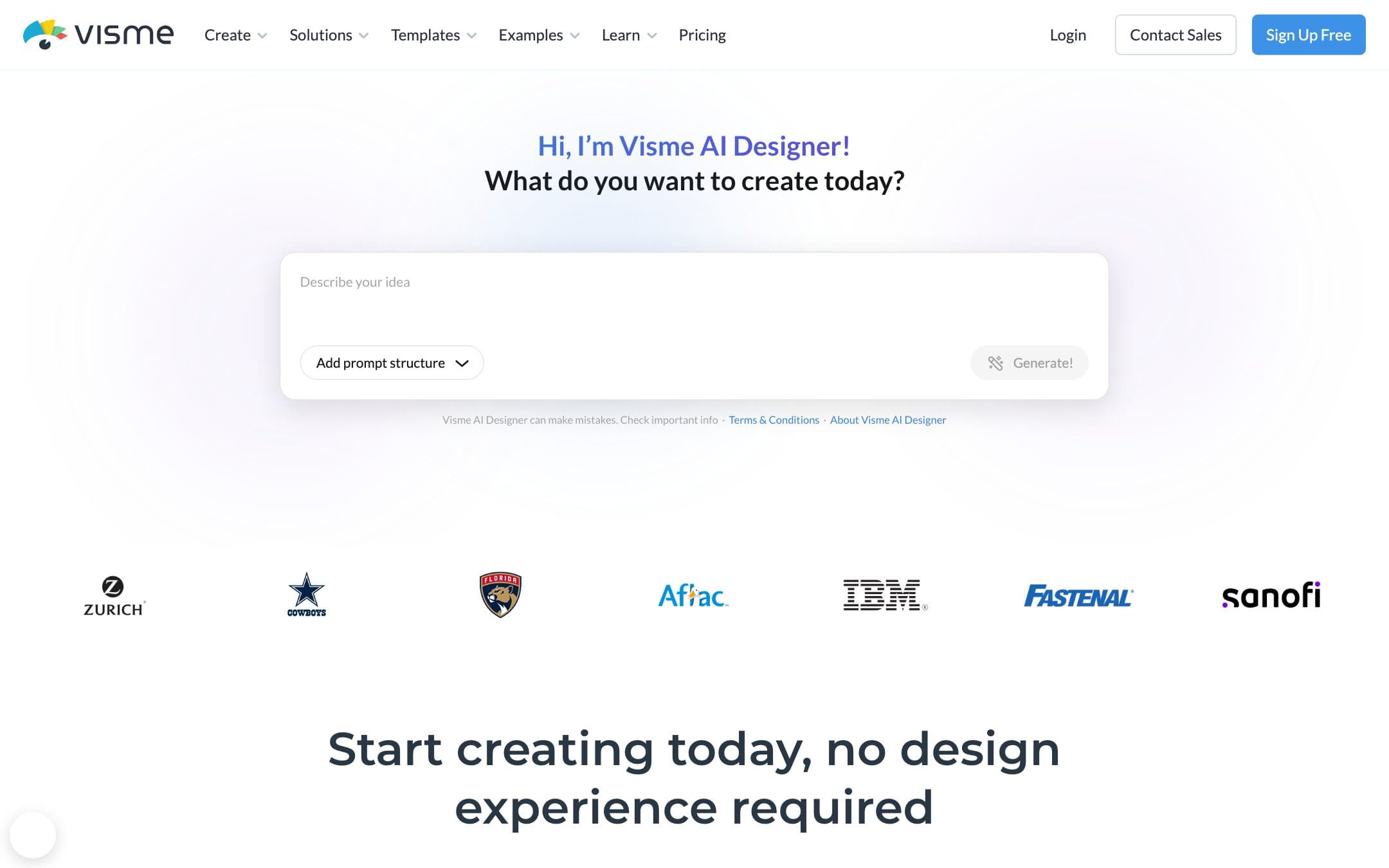 Página de inicio de Visme con el titular "Hi, I’m Visme AI Designer!" («¡Hola, soy Visme AI Designer!»)