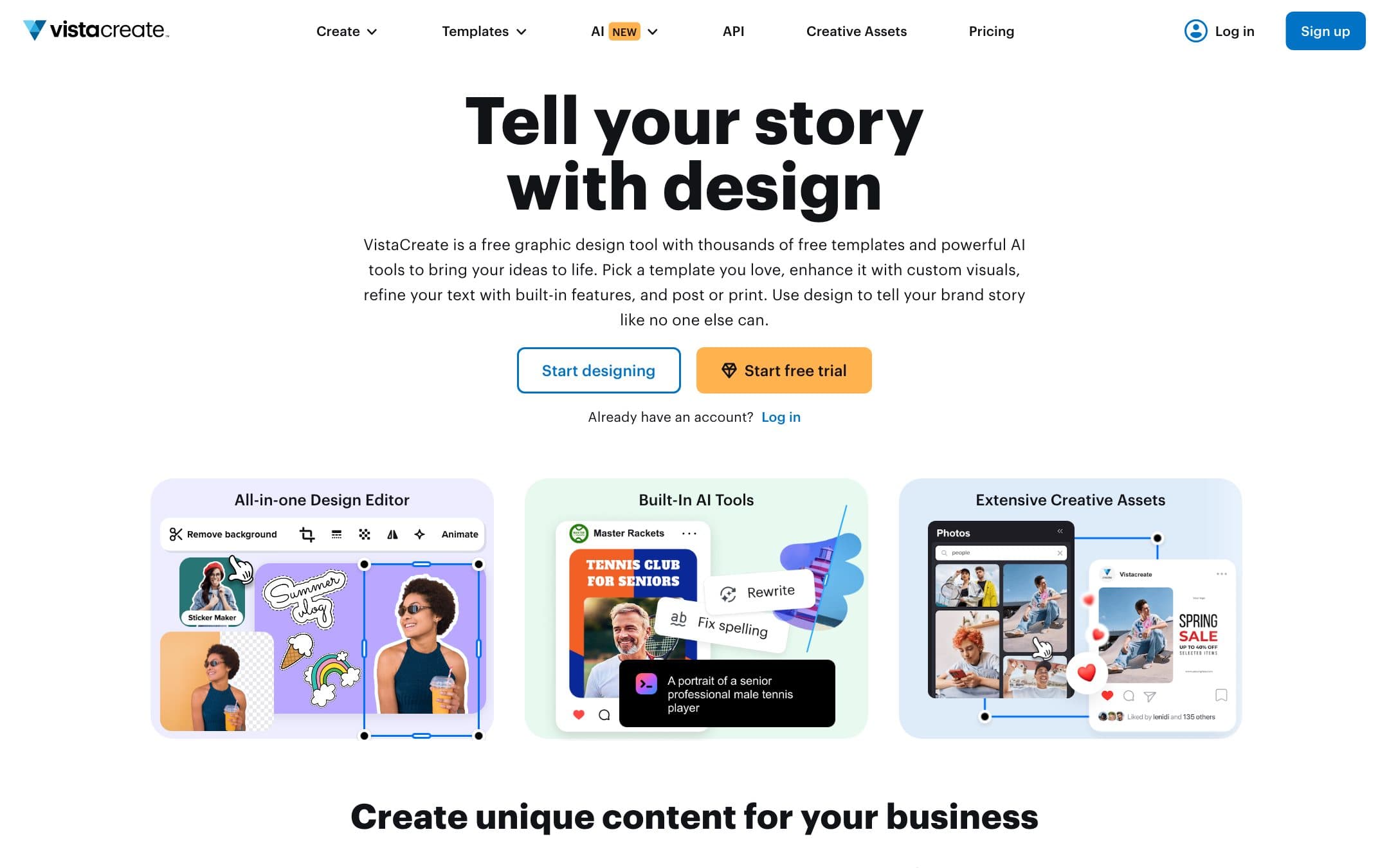 VistaCreate homepage with the headline "Tell your story with design"