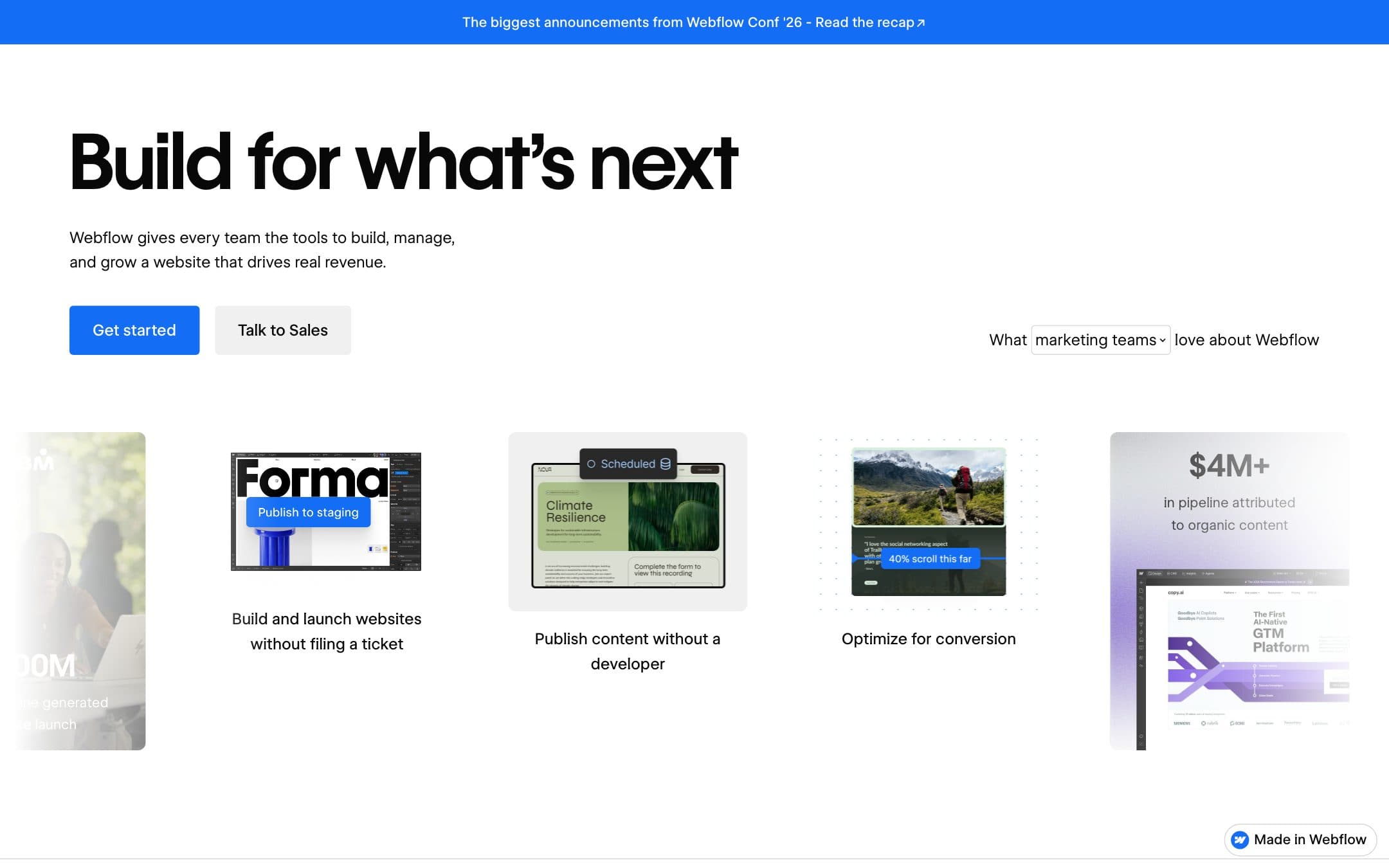 Startseite von Webflow mit der Überschrift „Build for what's next“ über einer Reihe von Vorschaubildern von Kunden-Websites