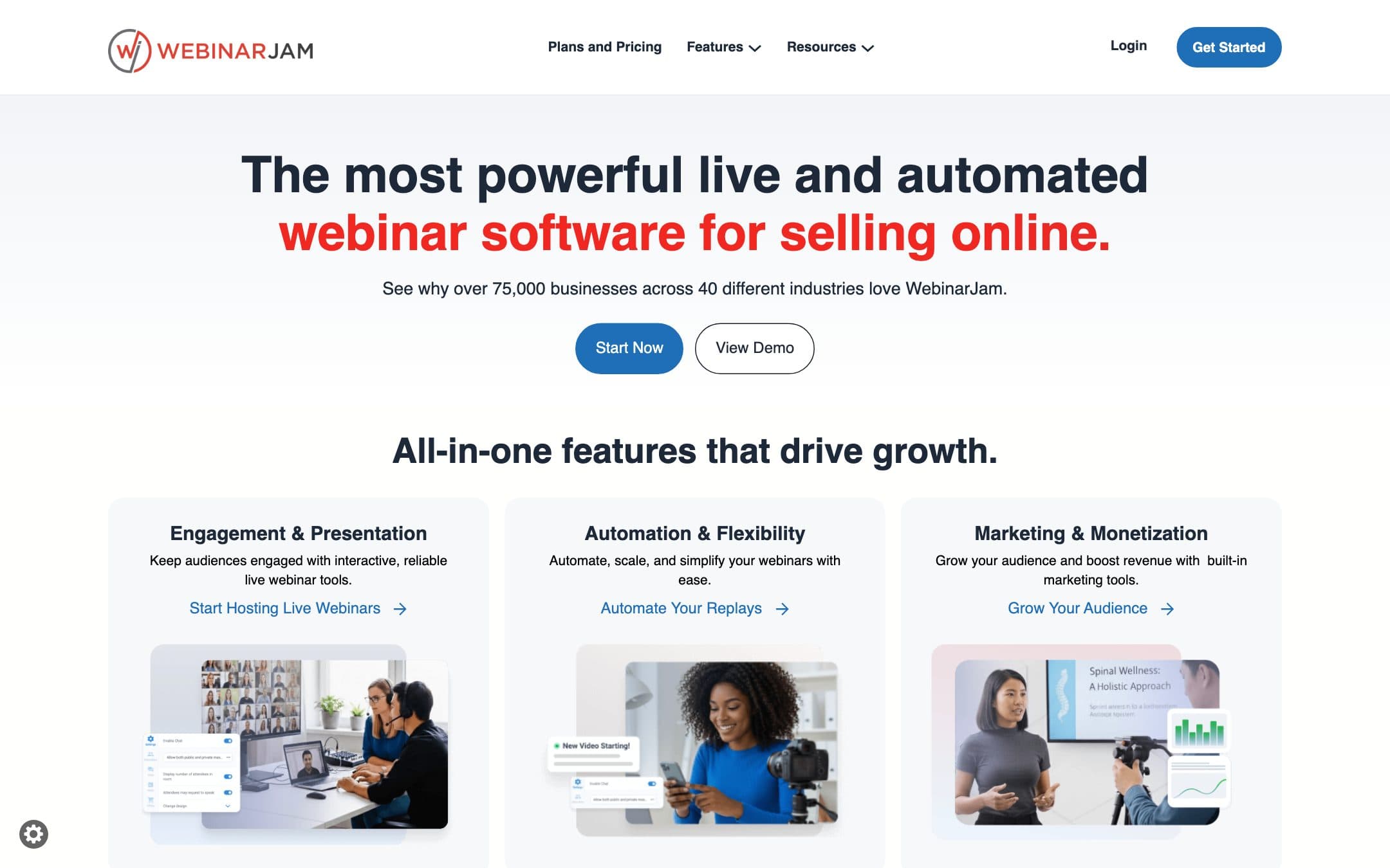 Página de inicio de WebinarJam con el titular «The most powerful live and automated webinar software for selling online.» («El software de webinars en directo y automatizados más potente para vender en línea.»)