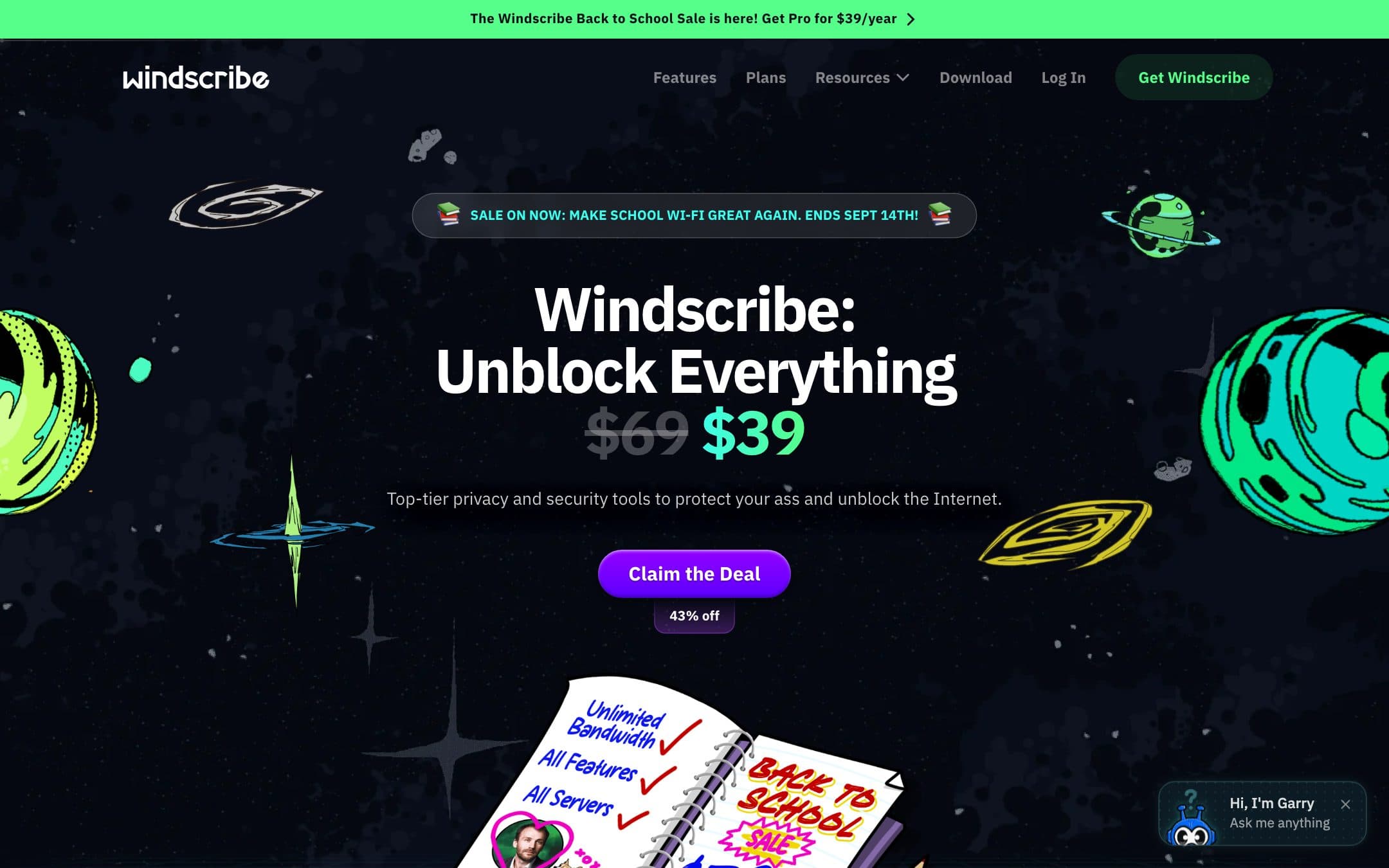 Windscribe homepage with the headline "Windscribe: Unblock Everything $69 $39"