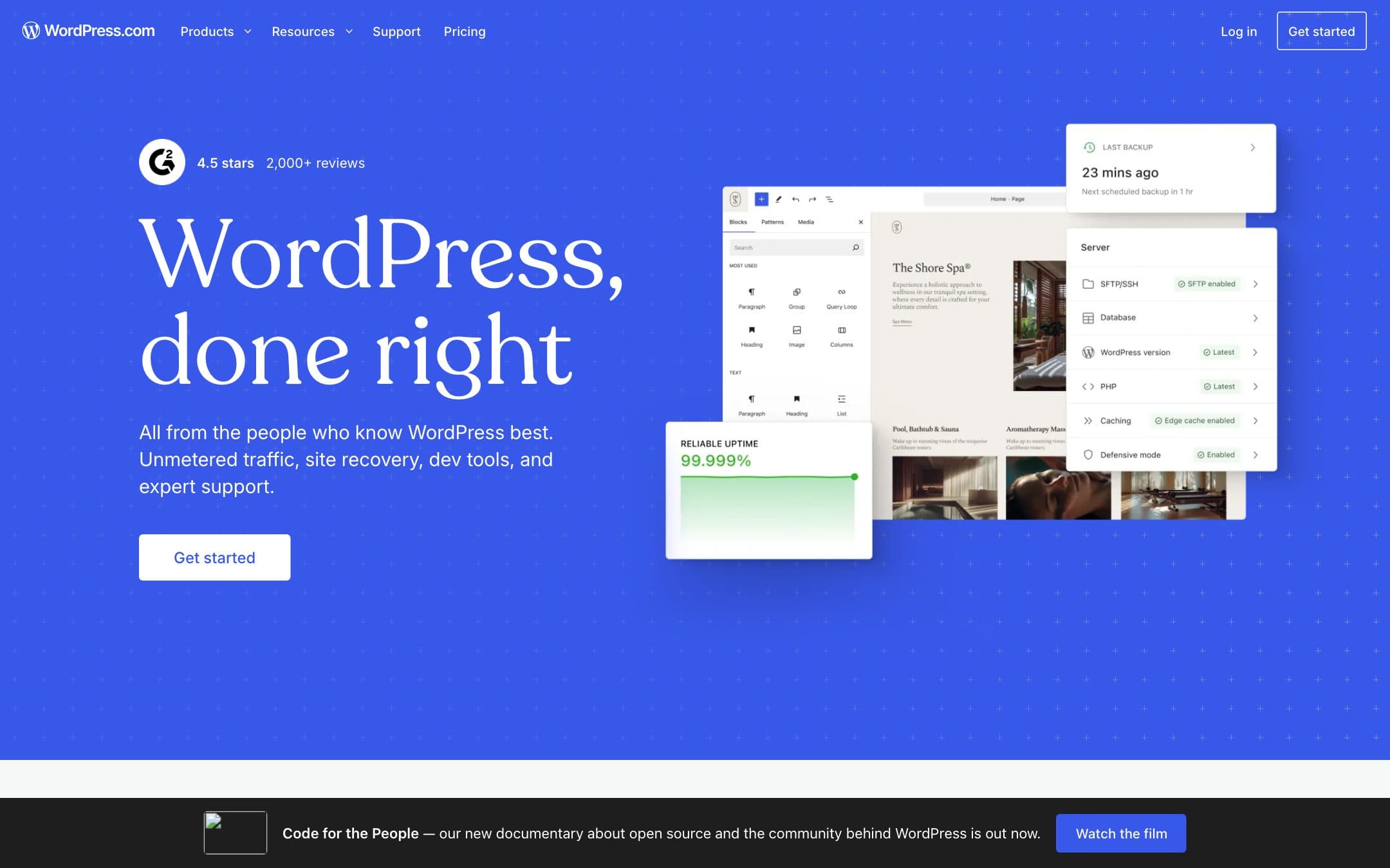 Startseite von WordPress.com mit der Überschrift „WordPress, done right“