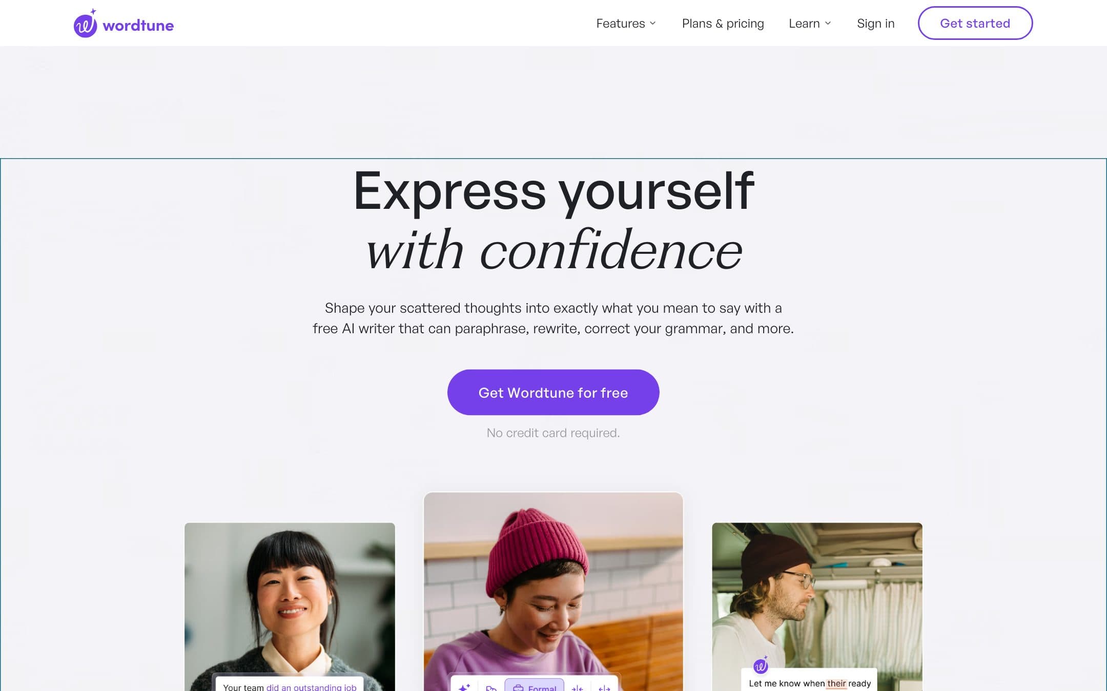 Página de inicio de Wordtune con el titular «Express yourself with confidence»