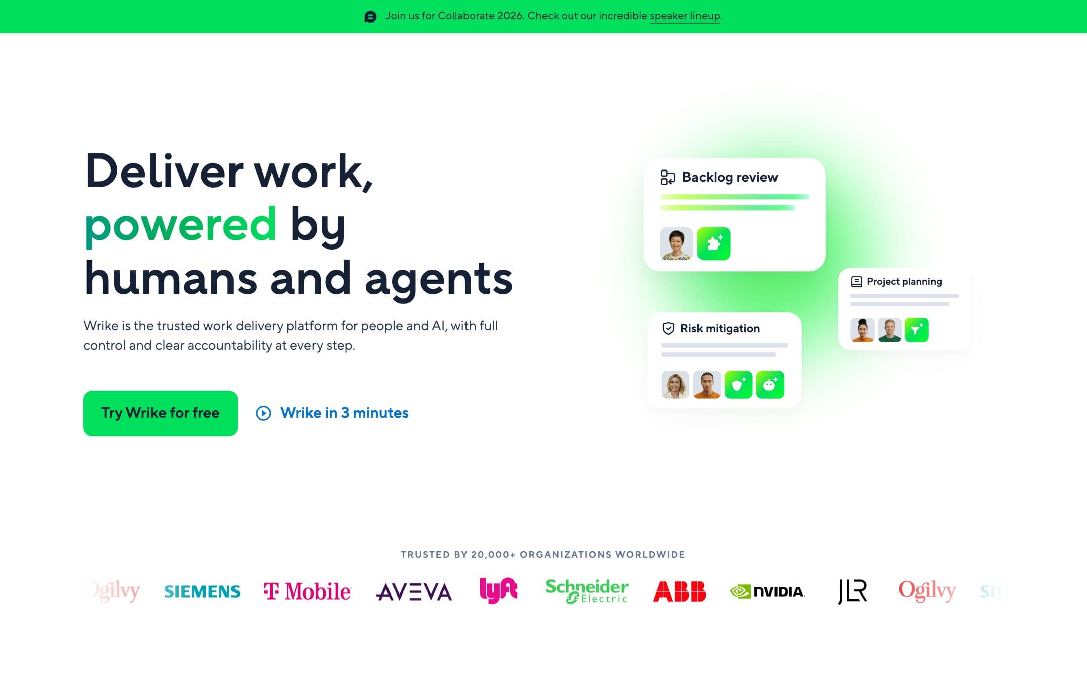 Página de inicio de Wrike con el titular «Deliver work, powered by humans and agents» («Entrega el trabajo, con personas y agentes»), junto a tres tarjetas de proyecto flotantes