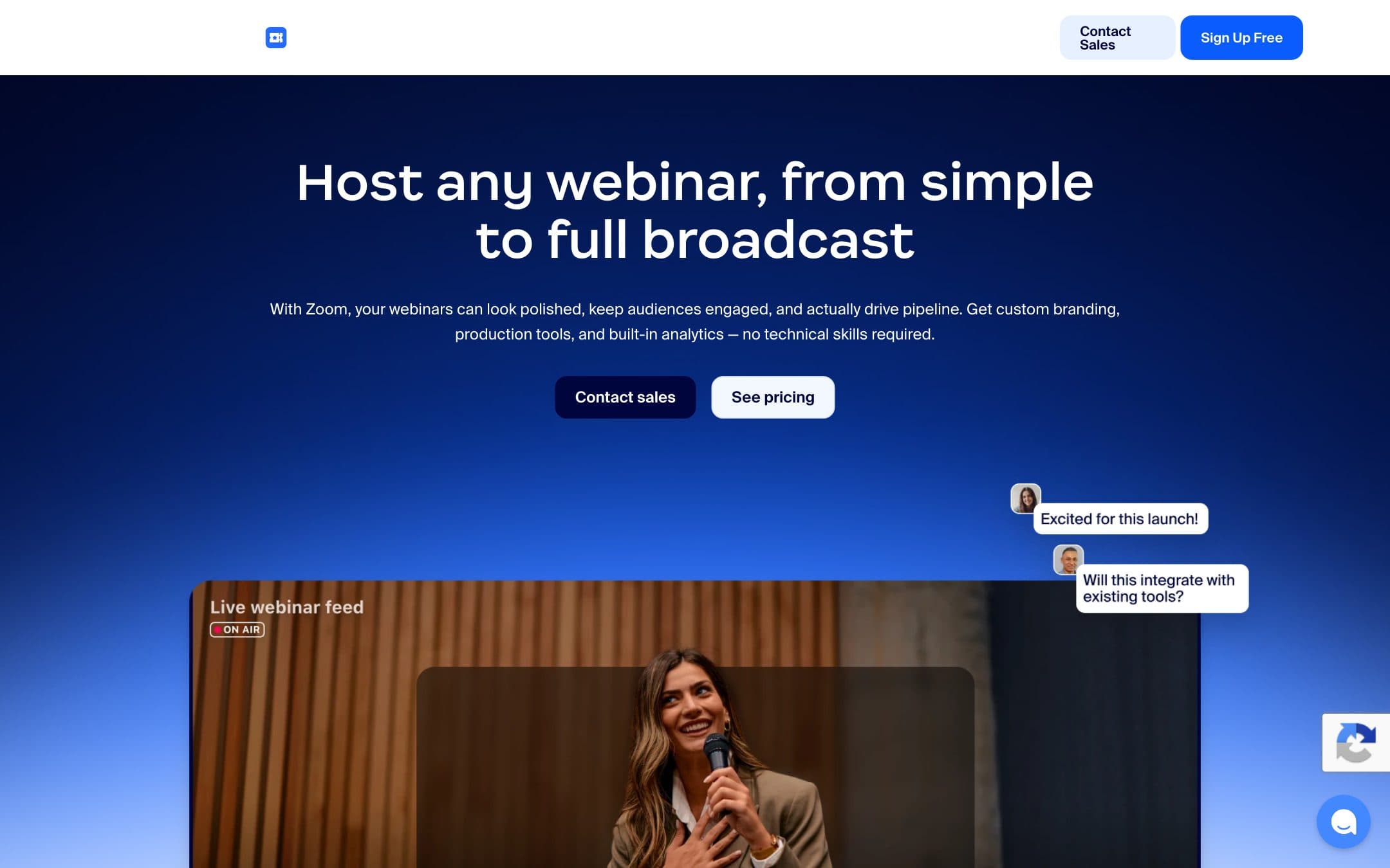 Startseite von Zoom Webinars mit der Überschrift „Host any webinar, from simple to full broadcast“ (jedes Webinar halten, vom einfachen bis zur großen Übertragung)